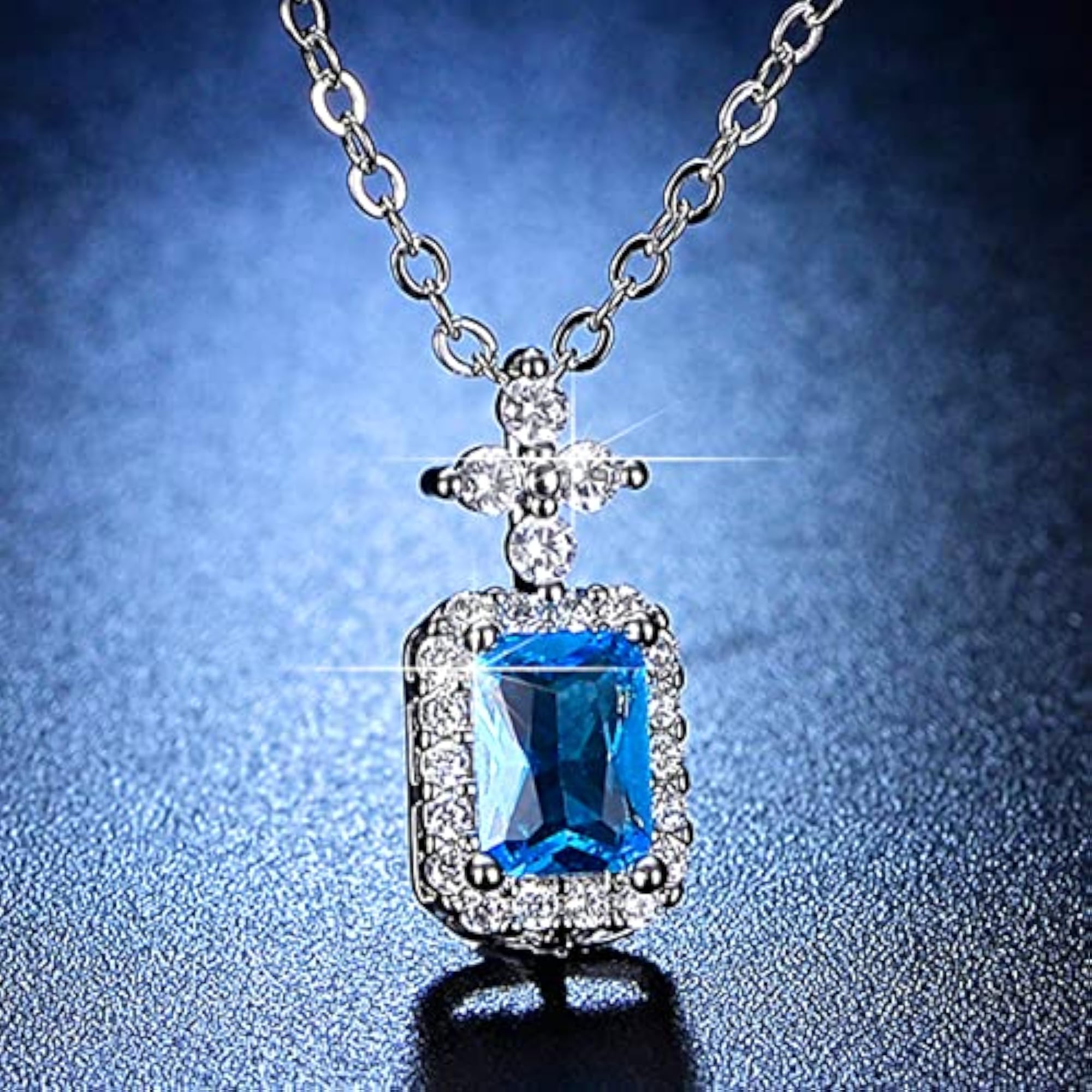 Silver Plated Crystal Studded Geometrical Blue Stone Pendant, Anti Tarnish